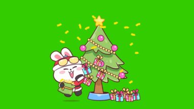 Tavşan mutlu noel animasyonu yeşil ekranda, duygu karakteri 4k video