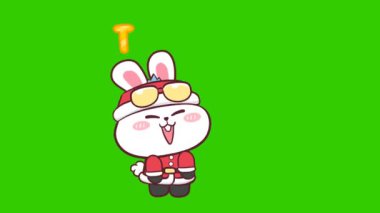 Tavşan mutlu noel animasyonu yeşil ekranda, duygu karakteri 4k video