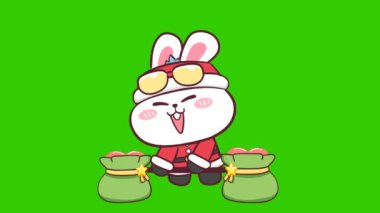 Tavşan mutlu noel animasyonu yeşil ekranda, duygu karakteri 4k video