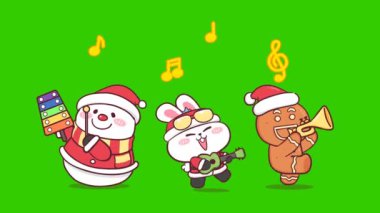 Tavşan mutlu noel animasyonu yeşil ekranda, duygu karakteri 4k video
