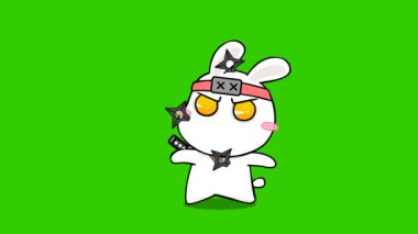 Animasyon ninja tavşanı, rakiplerini yeşil perde arkasında tahta bir sopayla aldatıyor.