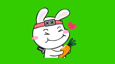 Animasyon Ninja Tavşan Mutlulukla Yeşil Ekranda Havuç Yiyor