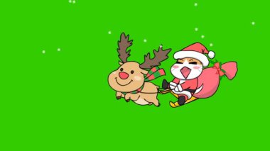 Noel Baba kıyafetli neşeli animasyon kedisi Ren geyiği sürüyor