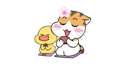 Japon çayı içen kedi ve ördek.