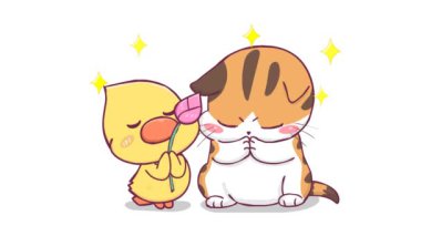 Animasyon portakallı kedi vai nilüfer çiçeğini tutuyor.