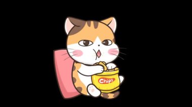 Animasyon Kedi Oturuyor ve Patates cipsi yiyor