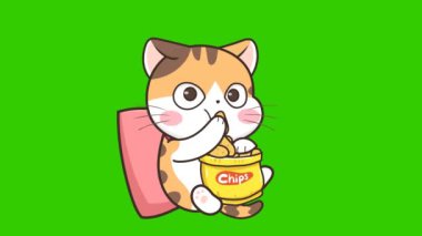 Animasyon Kedi Oturuyor ve Patates cipsi yiyor