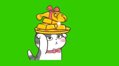 Japon Balığı Tepsisiyle Animasyon Gri Kedi 