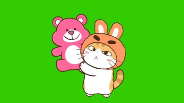 Animasyon Küçük Kedi Pembe Ayıcığı Tutuyor