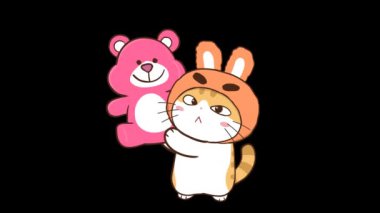 Animasyon Küçük Kedi Pembe Ayıcığı Tutuyor