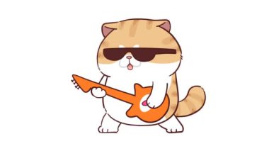Güneş gözlüğü takan Elektrikli Gitar çalan Animasyon Komik Kedi