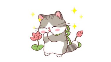 Animasyon Gri Kedi Pembe Lotus 'la Dua Ediyor