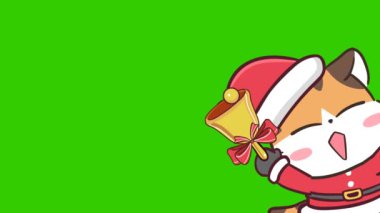 Noel Baba Giysisindeki Animasyon Kedi Noel Çanı Çalıyor - Yeşil Ekran