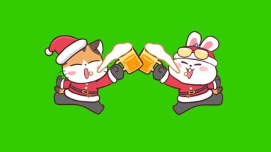 Canlandırılmış Santa Cat Yeşil Ekranla Bira Bardağına Atlıyor