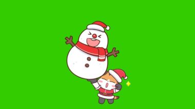 Canlandırılmış Santa Cat Kaldıran Kardan Adam - Yeşil Ekran