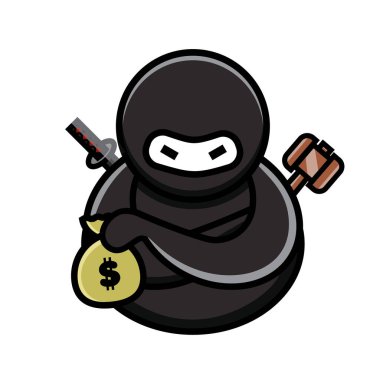 Çapraz kollu Ninja para çantası ve çekiçle poz verir.