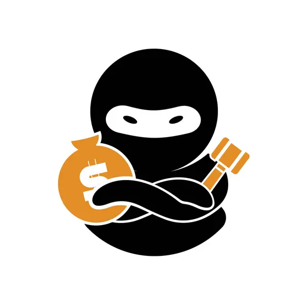 Çapraz kollu Ninja para çantası ve çekiçle poz verir.