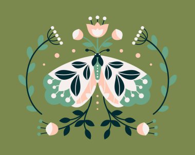 Soyut simetrik vektör çizimi. Çiçekli renkli halk güvesi, yeşil arka planda düz stil yapraklar