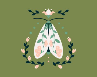 Soyut simetrik vektör çizimi. Çiçekli renkli halk güvesi, yeşil arka planda düz stil yapraklar