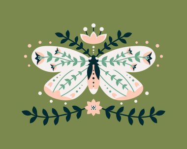 Soyut simetrik vektör çizimi. Çiçekli renkli halk güvesi, yeşil arka planda düz stil yapraklar