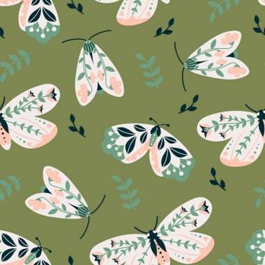 Kelebeklerle (güveler) soyut, pürüzsüz desen. Yeşil arka planda böcek ve yaprakları olan halk sanatı. Kumaş, tişört baskısı, duvar kağıdı, ambalaj için.