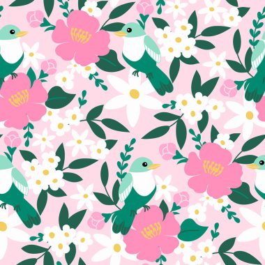 Kusursuz çiçek deseni. Çiçekleri ve kuşları olan soyut vektör çizimi. Pembe ve yeşil palette düz vektör çizimi