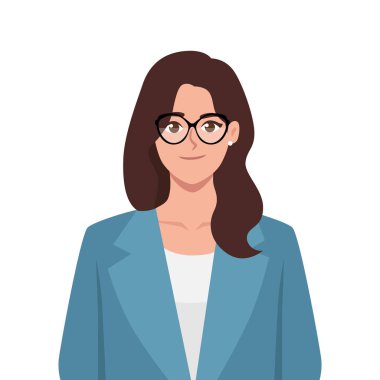 Şık mavi takım elbiseli çekici başarılı bir iş kadını. Beyaz Arkaplanda İzole Edilmiş Düz Vektör Karakteri Çizimi