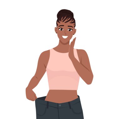 Başarılı diyet yüzünden mutlu hisseden bir kadın. Kilo vermenin sonucu olarak gevşek iç çamaşırı. Beyaz Arkaplanda Düz Vektör Karakteri İzole Edildi