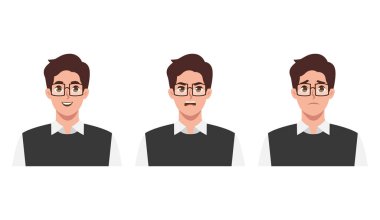 Erkeklerin yüz ifadeleri. Farklı ifadeleri olan genç bir emoji karakteri. Düz vektör çizimi beyaz arkaplanda izole edildi
