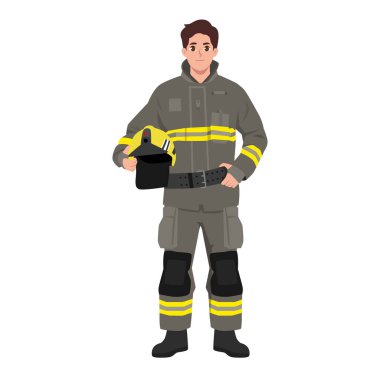 Resmi üniformalı itfaiyeci. Mutlu itfaiyeci kaskı ellerinde. Düz vektör çizimi beyaz arkaplanda izole edildi