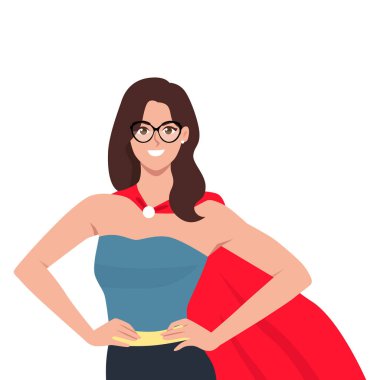 Elleri kalçasında duran süper kahraman kadın. Gözlüklü kırmızı bir pelerin giyiyor. Düz vektör çizimi beyaz arkaplanda izole edildi