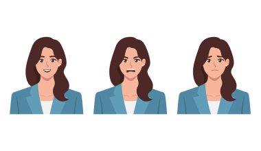 3 duygulu takım elbiseli kadın. Mutlu, Kızgın ve Üzgün. Beyaz Arkaplanda Düz Vektör Karakteri İzole Edildi