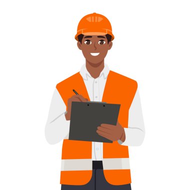 Güvenlik ceketli genç ustabaşı panoya not alıyor. Düz vektör çizimi beyaz arkaplanda izole edildi