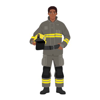 Resmi üniformalı itfaiyeci. Mutlu itfaiyeci kaskı ellerinde. Düz vektör çizimi beyaz arkaplanda izole edildi