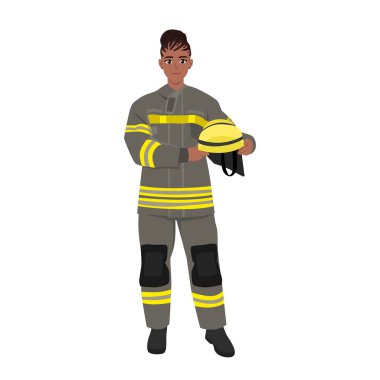 Üniformalı kadın itfaiyeci. Mutlu itfaiyeci kaskı ellerinde. Düz vektör çizimi beyaz arkaplanda izole edildi