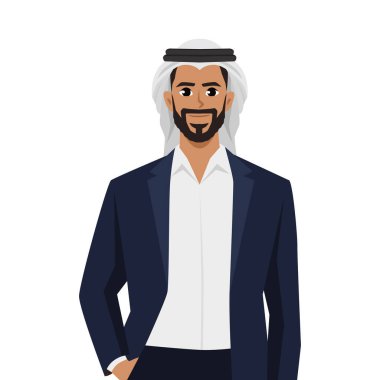 Orta Doğu 'lu Arap bir işadamı. Takım elbiseli ve cebinde bir el var. Düz vektör çizimi beyaz arkaplanda izole edildi