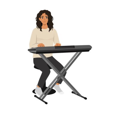 Piyano klavyesi çalan kadın müzisyen. Düz vektör çizimi beyaz arkaplanda izole edildi