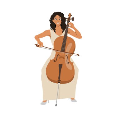 Çello çalan bir kadın, klasik müzik ve orkestra müzisyeni. Düz vektör çizimi beyaz arkaplanda izole edildi