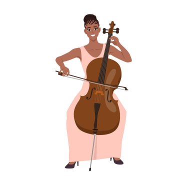 Çello çalan bir kadın, klasik müzik ve orkestra müzisyeni. Düz vektör çizimi beyaz arkaplanda izole edildi