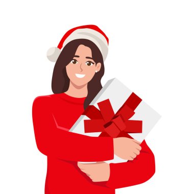 Genç bayan Noel hediyesi olarak Noel Baba şapkası takıyor. Düz vektör çizimi beyaz arkaplanda izole edildi