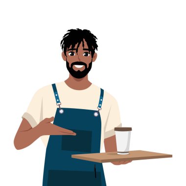 Genç siyah barista kahve yapıyor ve kafede sıcak kahve servisi yapıyor. Düz vektör çizimi beyaz arkaplanda izole edildi
