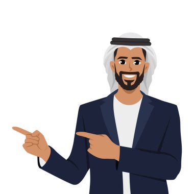 Orta Doğulu genç işadamı fotokopi alanını işaret ediyor. Düz vektör çizimi beyaz arkaplanda izole edildi