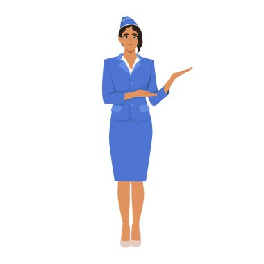 Üniformalı genç bayan hostes sağı işaret ediyor. Düz vektör çizimi beyaz arkaplanda izole edildi
