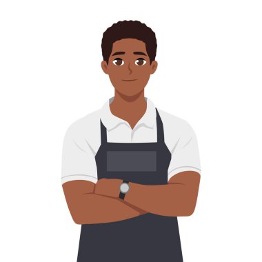 Gri önlüklü yakışıklı siyah adam kollarını kavuşturmuş duruyor. Düz vektör çizimi beyaz arkaplanda izole edildi