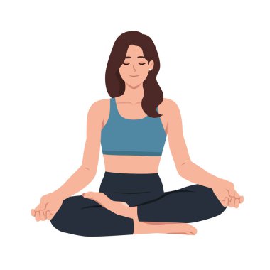Lotus pozisyonunda güzel bir yoga kadını. Düz vektör çizimi beyaz arkaplanda izole edildi