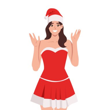 Noel Baba kılığında gülümseyen mutlu genç bir kadın. Düz vektör çizimi beyaz arkaplanda izole edildi