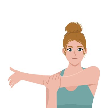 Sarışın genç bir kadın omzundaki ağrı için esneme hareketleri yapıyor. Düz Vektör Resimleri Beyaz Arkaplanda İzole Edildi