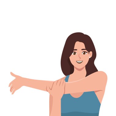 Genç esmer kadın omuz ağrısı için kaslarını esnetiyor. Düz Vektör Resimleri Beyaz Arkaplanda İzole Edildi