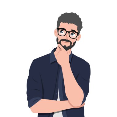 Genç sakallı adam el pençe divan düşünüyor. Düz vektör çizimi beyaz arkaplanda izole edildi