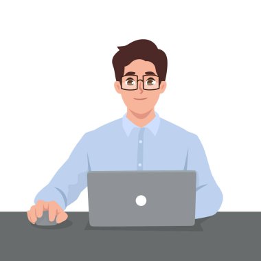 Genç adam internette dizüstü bilgisayar kullanarak çalışıyor. Serbest çalışan biri. Düz Vektör Resimleri Beyaz Arkaplanda İzole Edildi